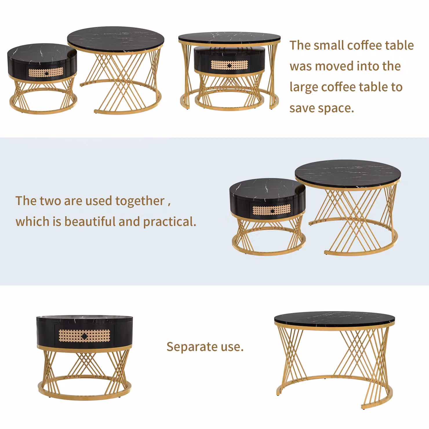 Aosom.UK 2-in-1 Nesting Coffee Table with Marble Grain Veneer Top and Rattan Drawers, Black and Gold, W/D/H: 70 x 70 x 45.5 cm – 6