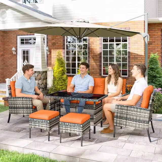Outsunny Rattan Garden Furniture Set with Armchairs, Sofa and Footstools in Orange