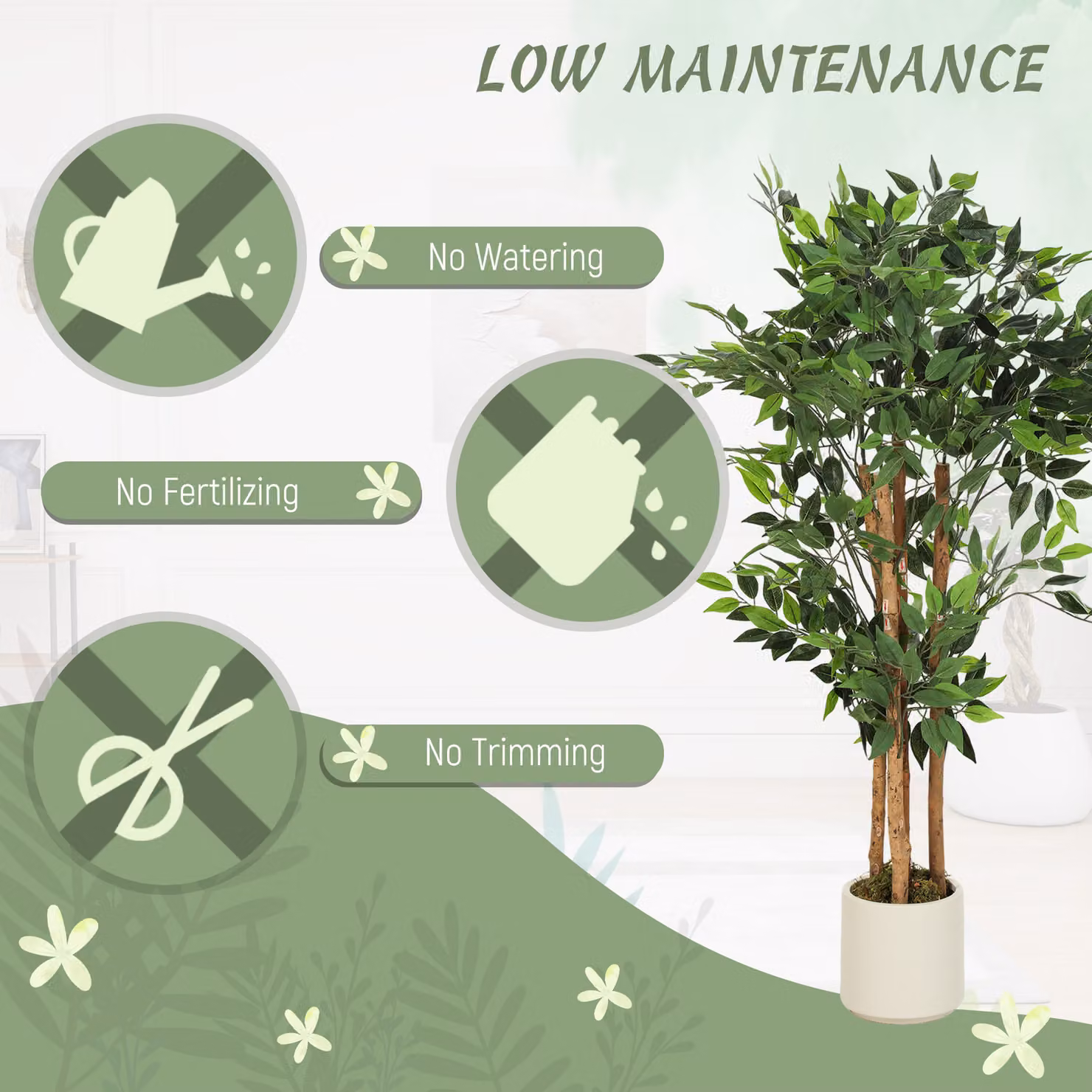 HOMCOM 120cm Artificial Ficus Tree in Green and White with Wood and Plastic Trunk and Pot – 4