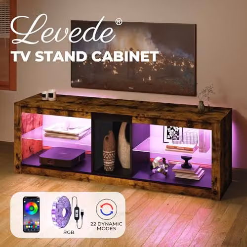Levede Modern Brown TV Stand with RGB LED Lights and Glass Shelf, W: 140 cm, D: 47 cm, H: 47 cm – 5