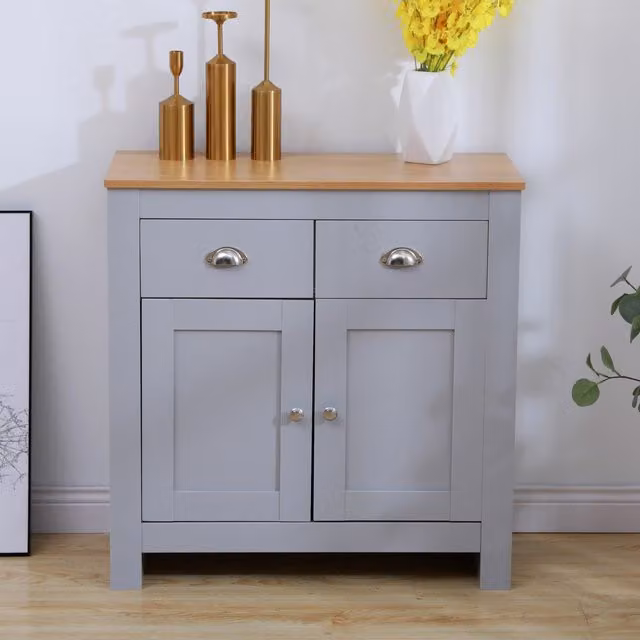 HMD Grey Wooden Sideboard Storage Cabinet with 2 Drawers and 2 Doors