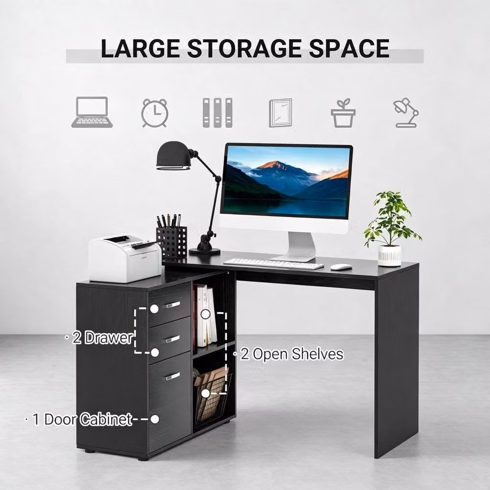 STILVORA L-Shaped Corner Desk with Drawers, Cabinet and Shelves in Black Matt MDF – 6