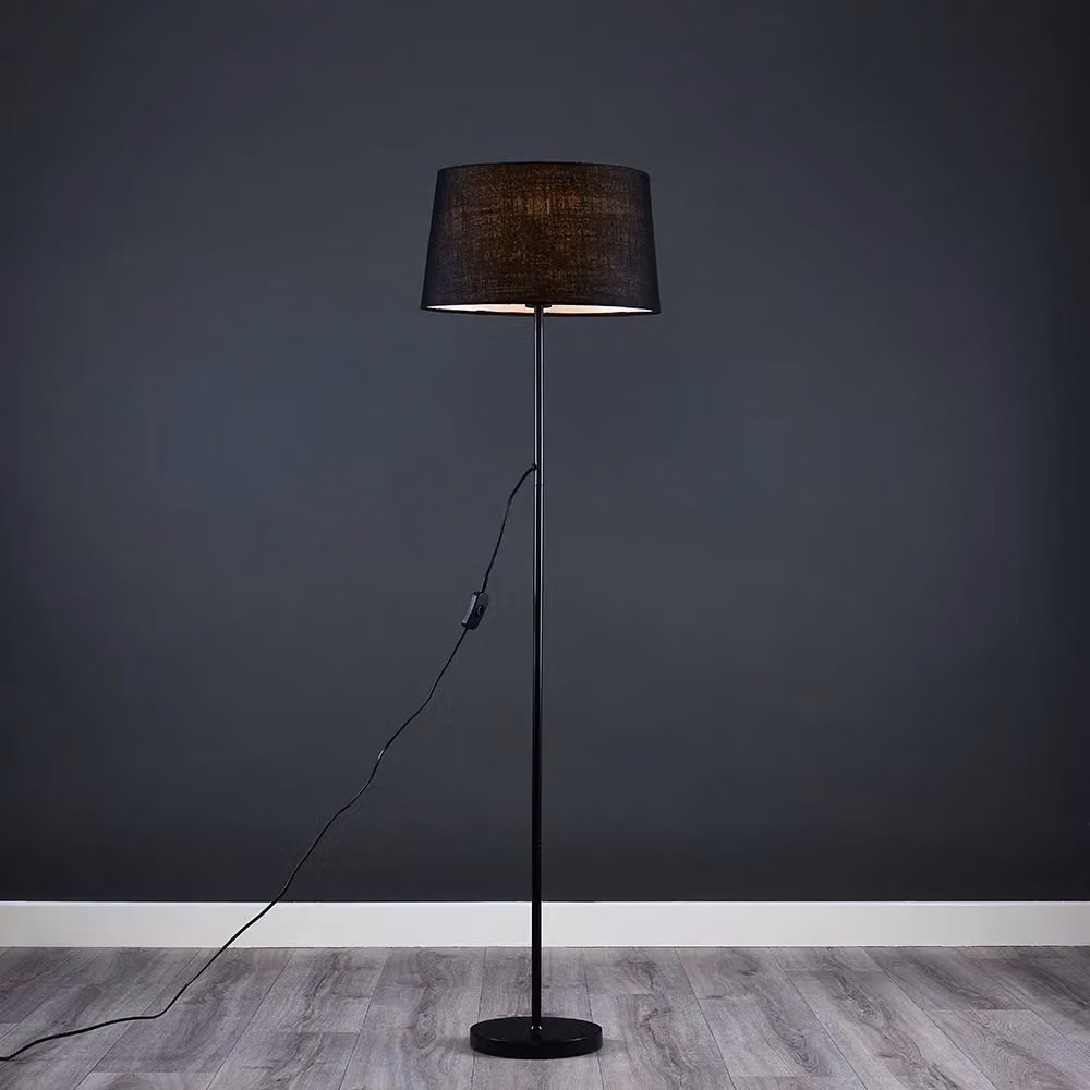 ValueLights Charlie Modern Black Metal Floor Lamp with Fabric Cylinder Shade H 147 cm x W 40 cm x D 40 cm – 3