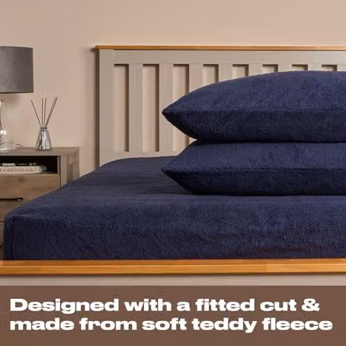 OHS Teddy Fleece Thermal Fitted Bed Sheet, Blue, W/D/H: 140 x 200 cm – 3