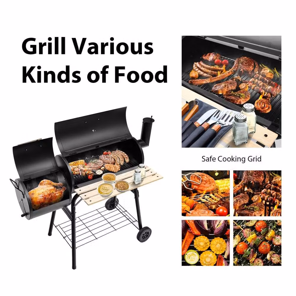 Costway Black Steel Charcoal BBQ Grill and Offset Smoker with Thermometer and Wheels, W/D/H: 105 x 62 x 62 cm – 4
