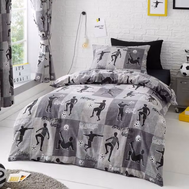 Happy Linen Company Freestyle Football Kids Reversible Duvet Cover and Pillowcase Set, Grey, Duvet Cover: 140 x 200 cm, Pillowcase: 50 x 75 cm