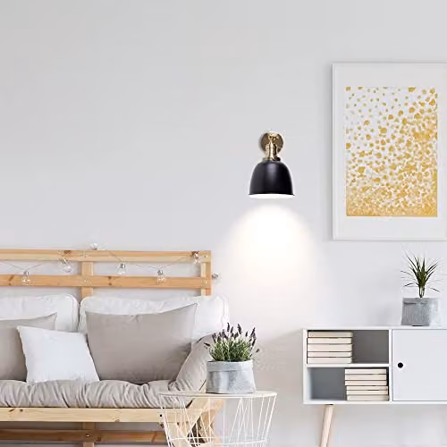 MiniSun Retro Style Antique Brass Wall Lights with Gloss Black Dome Shades, Set of 2 – 4
