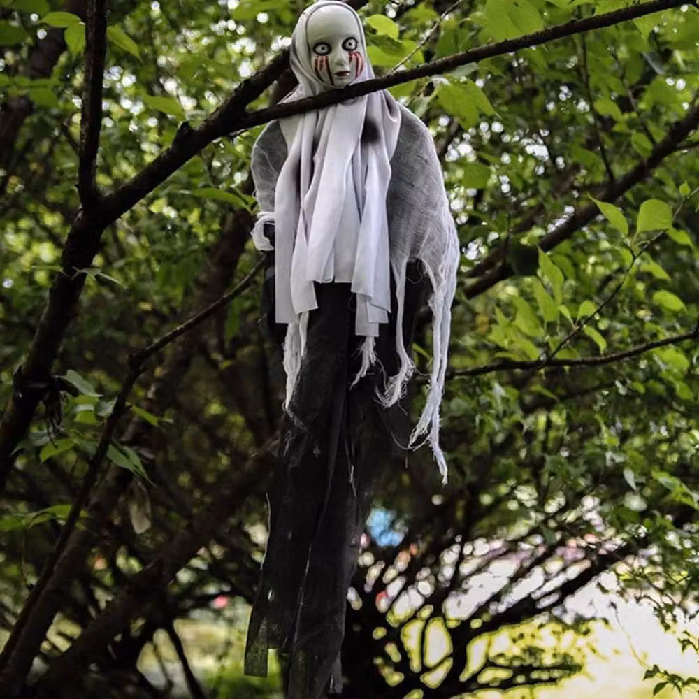 SPETLEK 2x Huge Halloween Faceless Ghoul Animated Sounding Hanging Figure in Grey, W: 60 cm, H: 100 cm – 3