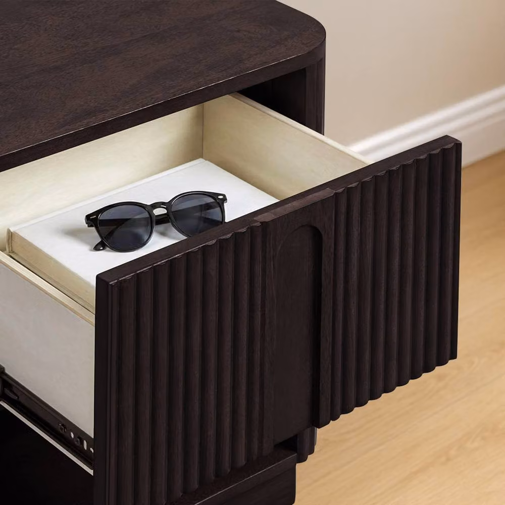 Teamson Home Modern Reeded Bedside Table with Shelf and Push-Open Drawer in Black or Brown – 4