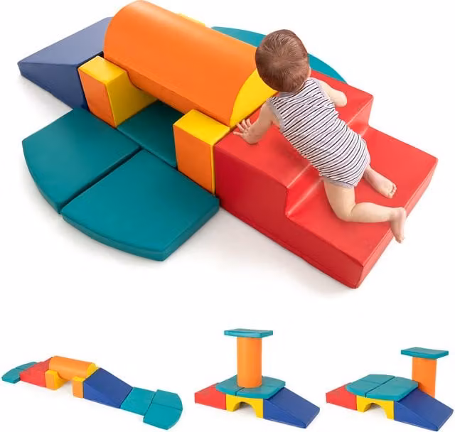 Costway 10 Piece Connecting Foam Climbing Block Set in Green and Multicolour