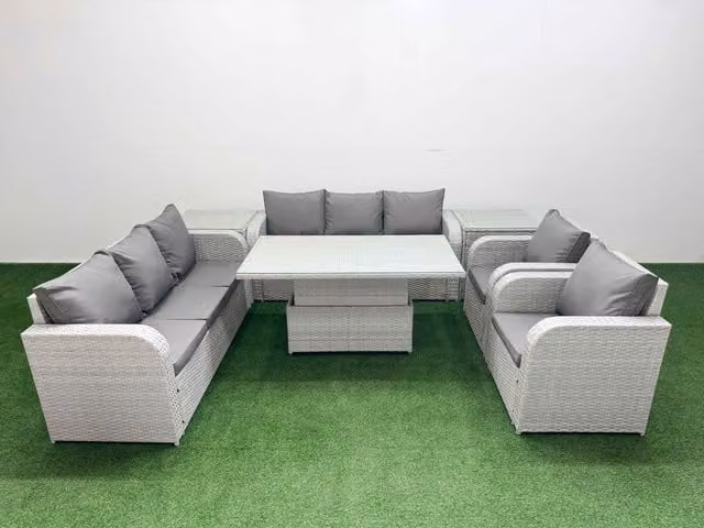 Fimous Grey PE Rattan High Back Lounge Sofa Set with 3 Seater Reclining Chair, 2 Side Tables and Adjustable Lifting Dining or Coffee Table