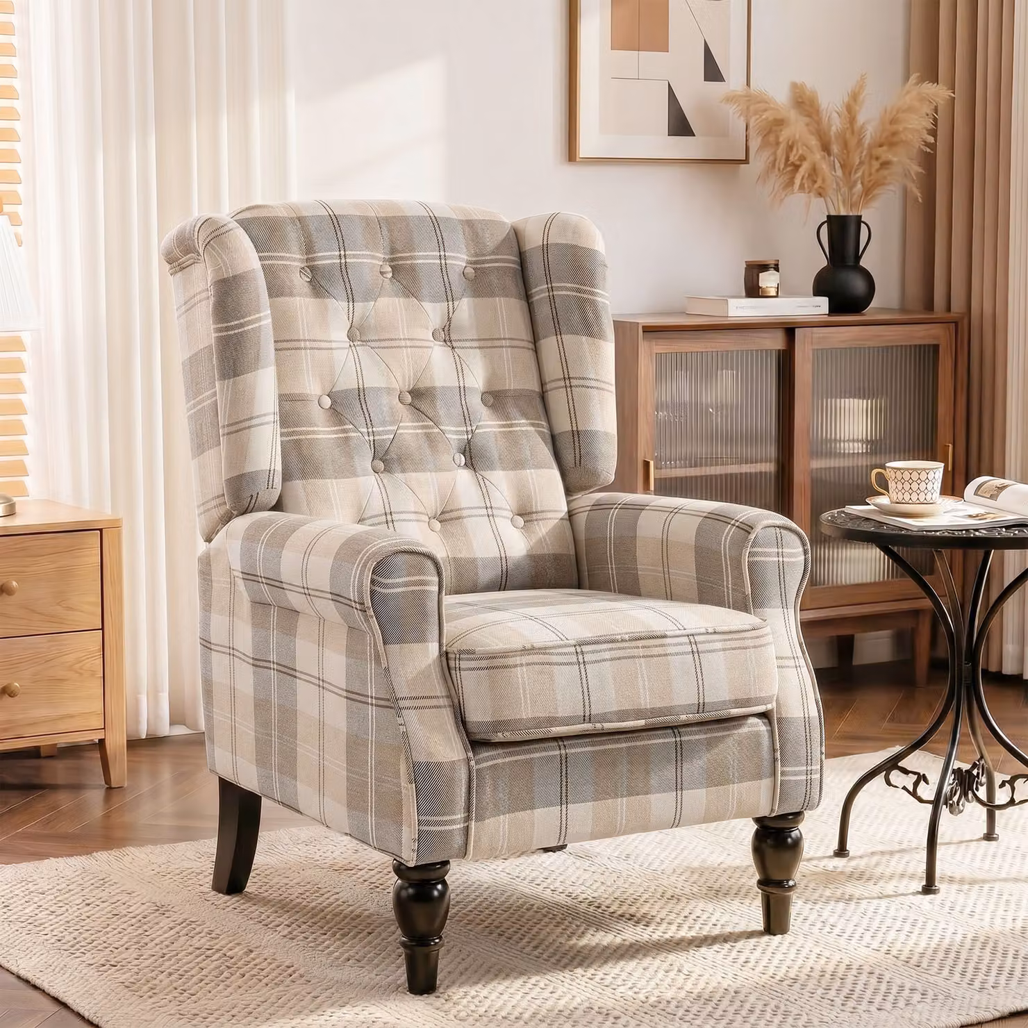 HOMCOM Wingback Accent Chair in Beige Checked Fabric with Solid Wood Frame and Armrests – 2