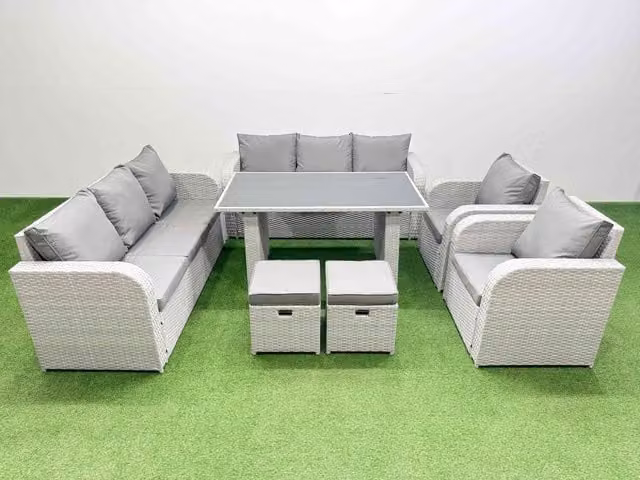Fimous 10 Seater PE Rattan Outdoor Reclining Furniture Set in Light Grey