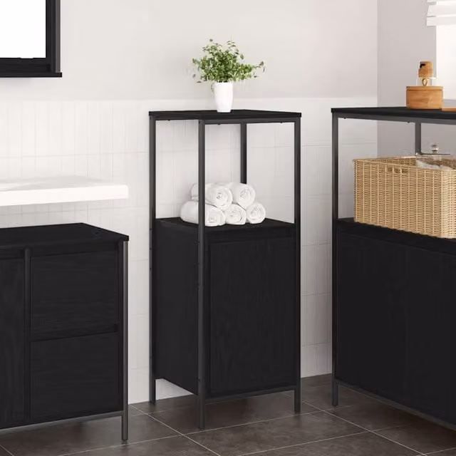 Berkfield Home Modern Black Oak Bathroom Cabinet with Internal Shelves and Open Storage, W/D/H: 36 x 35 x 95 cm