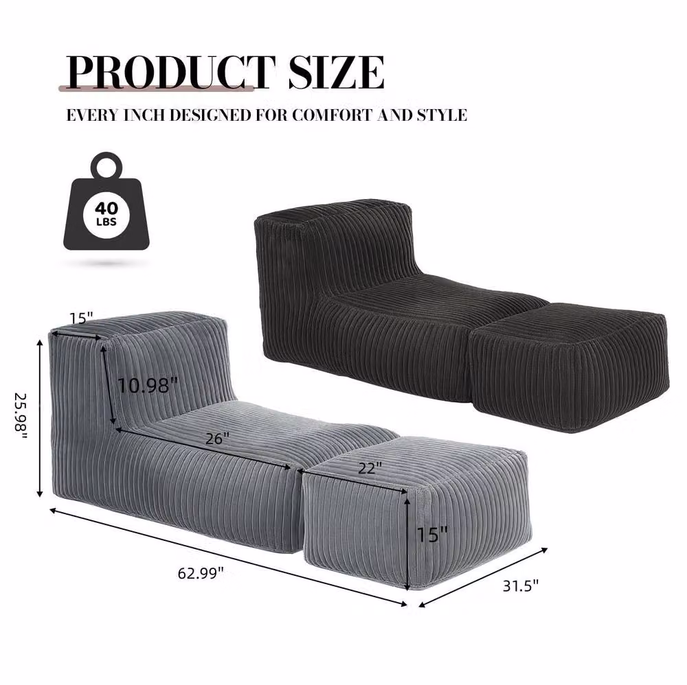 STILVORA Modular Bean Bag Lounge Sofa with Ottoman in Grey – 2