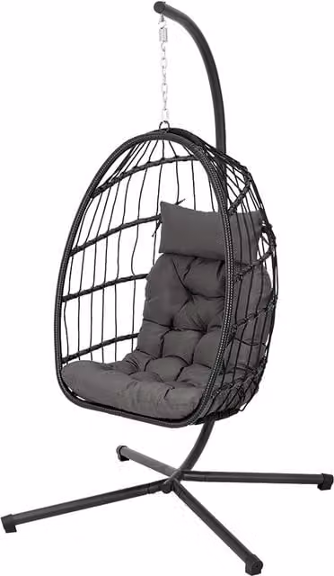 Darphe Hanging Egg Chair with Stand and Cushion in Black Rattan