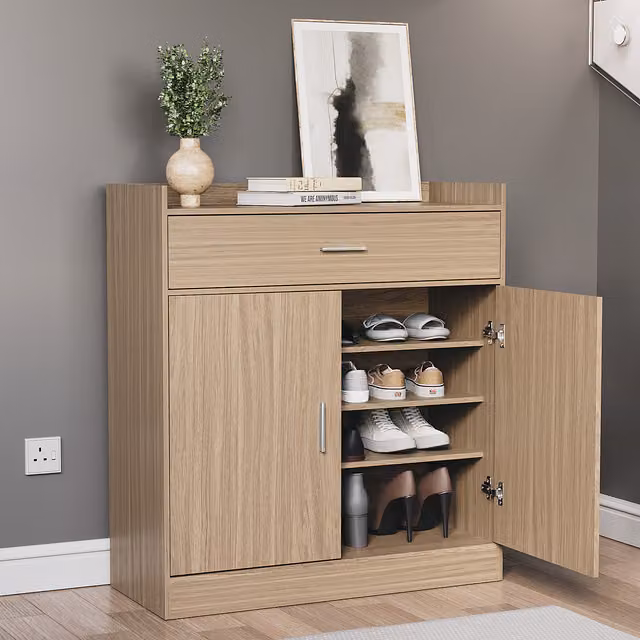 Vida Designs Dalby Modern 2 Door 1 Drawer Shoe Cabinet in Brown and Yellow