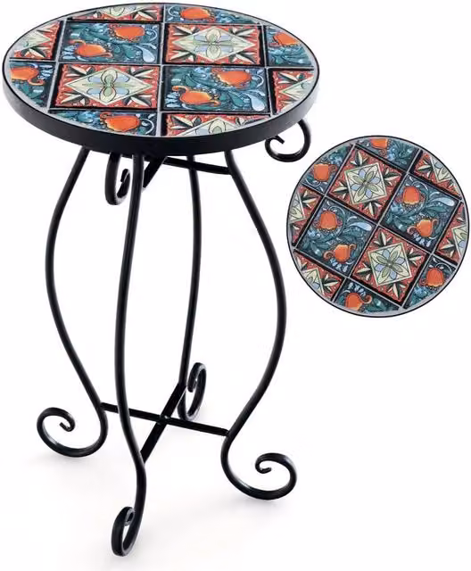 Costway Mosaic Round Outdoor Side Table with Multicolour Floral Ceramic Top and Metal Frame – 1