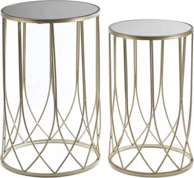 Interiors by Premier Set of 2 Black Top Champagne Nesting Tables with Gold Iron Base and Round Glass Tops – 1