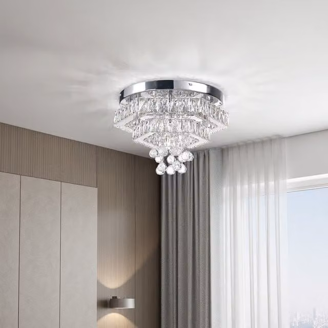 Livingandhome Modern Round Hexagon Double-layer Crystal and Stainless Steel LED Ceiling Light in Chrome Silver