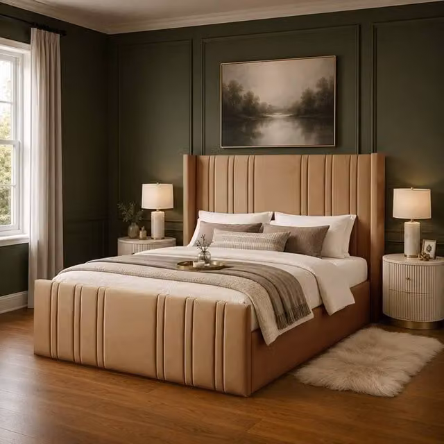 Desire Deco Gerald Wingback Ottoman Storage Bed Frame in Beige Plush Velvet, Small Double (W: 120 cm x L: 200 cm)