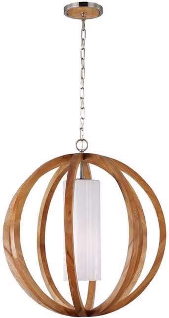 Feiss Allier Large Spherical Cage Ceiling Pendant in Brushed Steel and Light Wood with E27 Socket