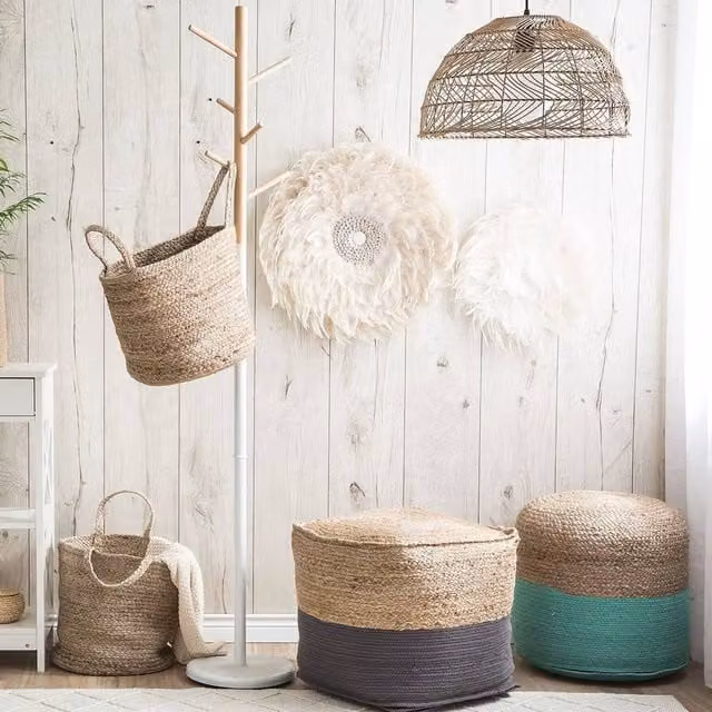 Wyld and Coco Coastline Grey Jute and Cotton Knit Pouf Ottoman W/D/H: 44 x 44 x 44 cm