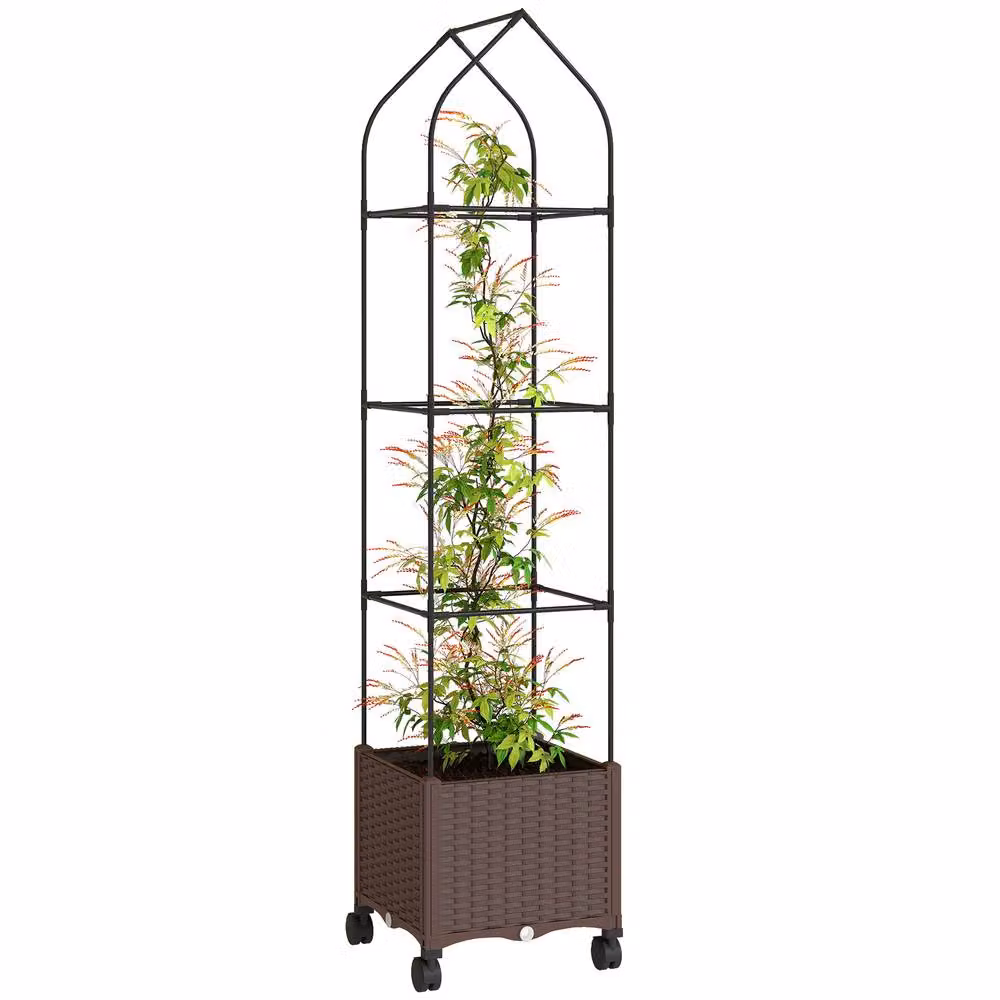 OUTSUNNY Brown Raised Garden Bed with Trellis and Drainage Holes, W/D/H: 182 x 40 x 38 cm – 2