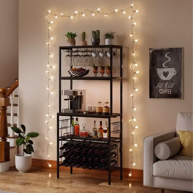 COSTWAY Industrial Metal Wine Organizer with Power Outlet in Grey