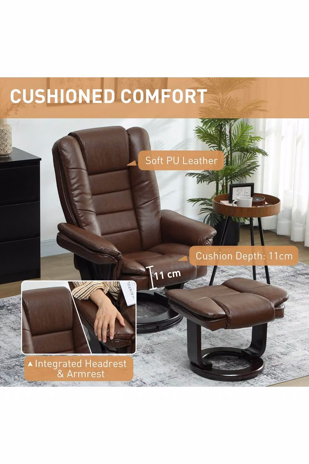 ERGOVEXA Brown Faux Leather 135 Degree Reclining Chair and Footstool Set – 4