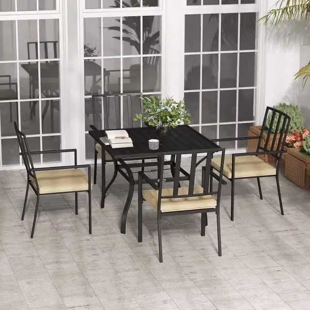 Outsunny Garden Dining Set with 4 Stackable Chairs and Rectangular Metal Top Table in Matt Black