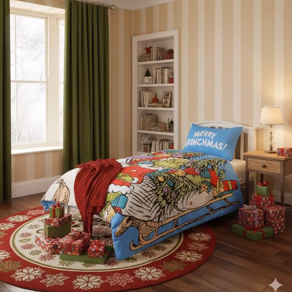 Coco Moon The Grinch Christmas Sleigh Reversible Single Duvet Cover and Pillowcase Set in Blue and Green, W/D/H: 135 x 200 cm – 3