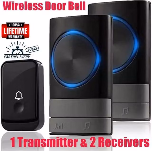 Ventryn Wireless Waterproof Doorbell with 2 Receivers, Black