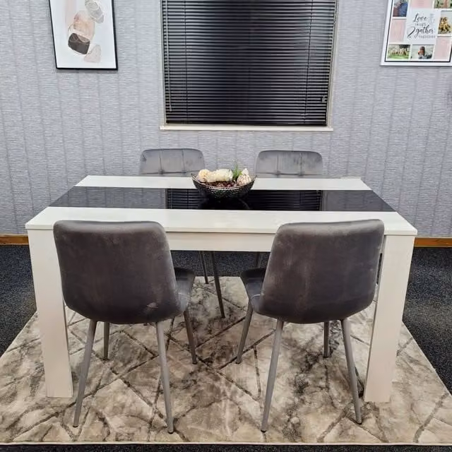 Kosy Koala Modern Dining Table Set with 4 Grey Velvet Chairs in White and Black