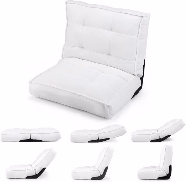 Gymax Folding Corduroy Floor Chair with Reclining Backrest and Foam Filling in White – 1