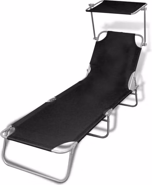 Berkfield Home Folding Sun Lounger with Canopy in Black Steel and Textilene Fabric