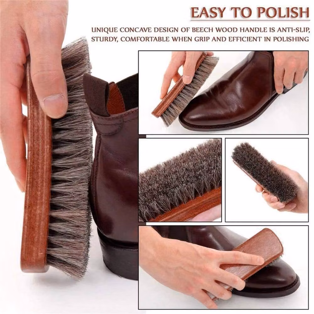 NESTLUNE 4-Piece Horsehair Shoe Shine Brush Set with Microfibre in Brown – 4
