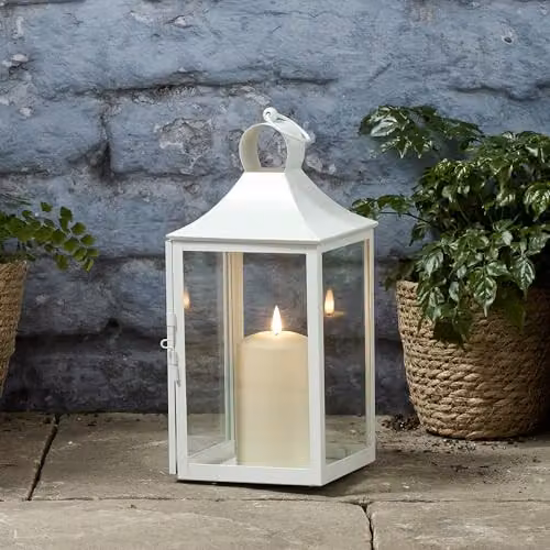 Lights4fun Albury White Metal Garden Lantern with TruGlow LED Candle, Height: 34 cm – 2