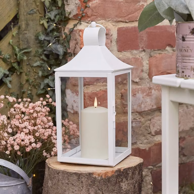 Lights4fun Albury White Metal Garden Lantern with TruGlow LED Candle, Height: 34 cm