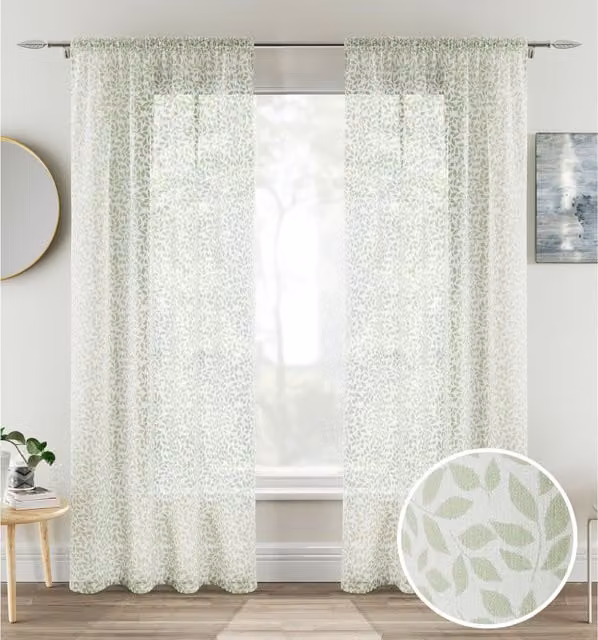 Tyrone Textiles Pair of Green Sheer Voile Fabric Panels with Floral Leaf Print, Width: 137 cm