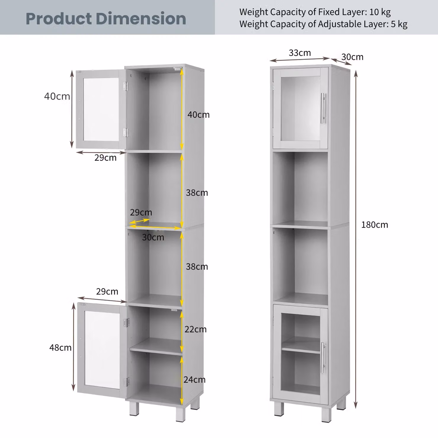 Costway Slim Freestanding Tall Bathroom Storage Cabinet with 2 Glass Doors in Grey – 4