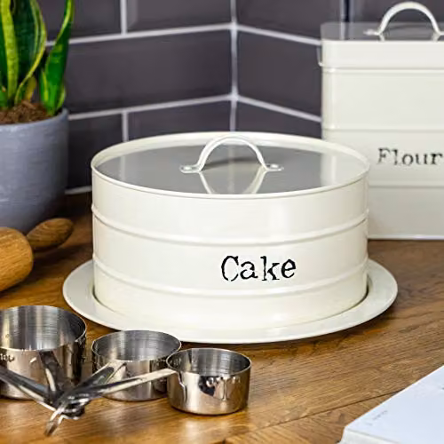 Harbour Housewares Vintage Round Metal Cake Tin with Airtight Lid in Beige/White – 2