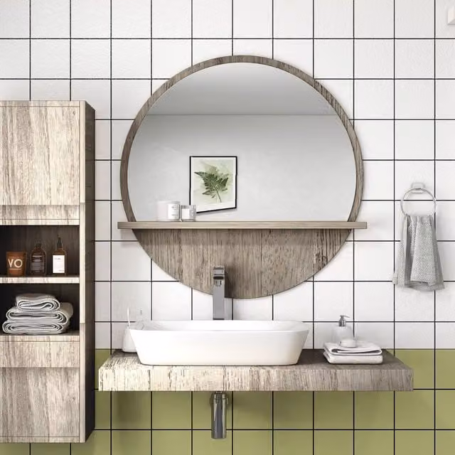 Kleankin Round Wall Mounted Bathroom Mirror with Shelf in Grey