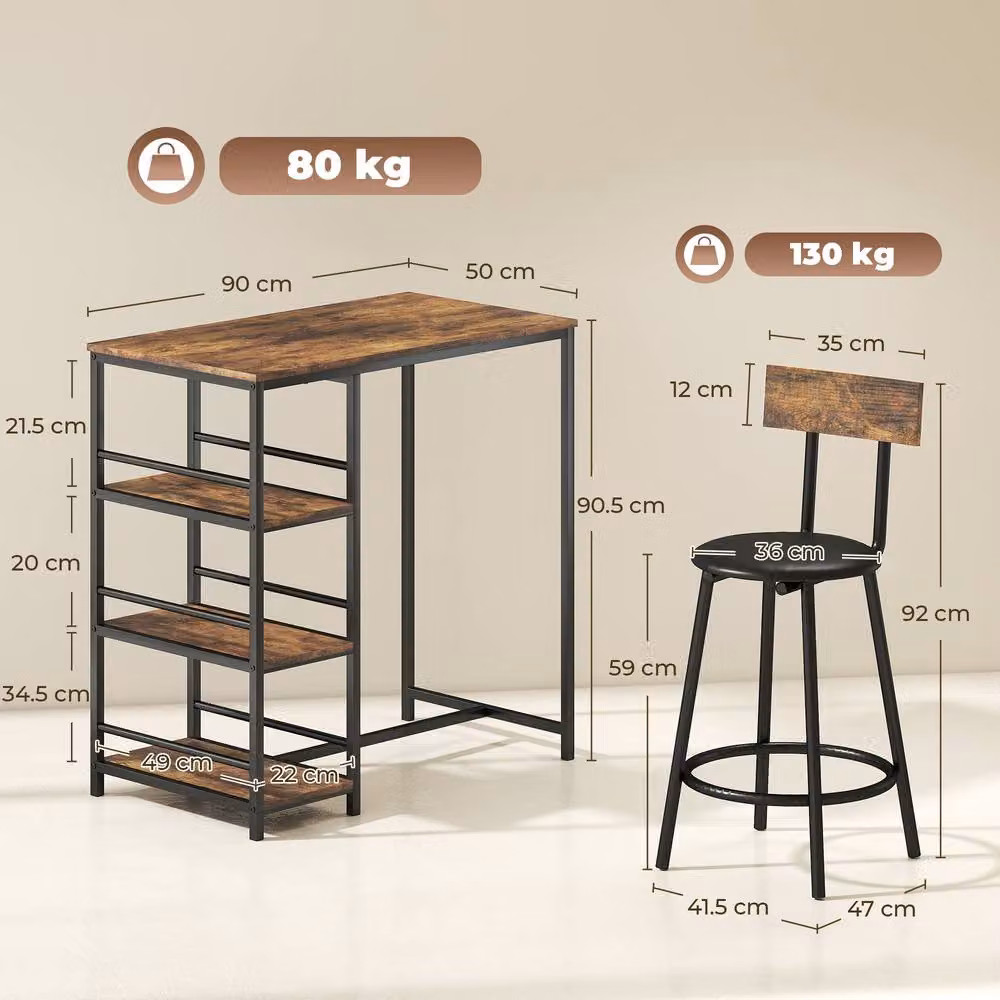 HOMCOM 3 Piece Breakfast Bar Table and Stools Set in Rustic Brown – 3