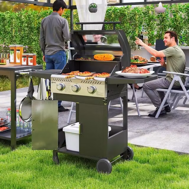 Outsunny 3 Burner Gas BBQ Trolley with See-through Lid and Warming Rack, Black