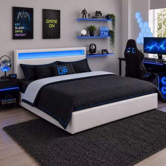Harmin LED Gaming Ottoman Bed in White, EU Double Size with Under-Bed Lighting and Lift-Up Storage Base – 1