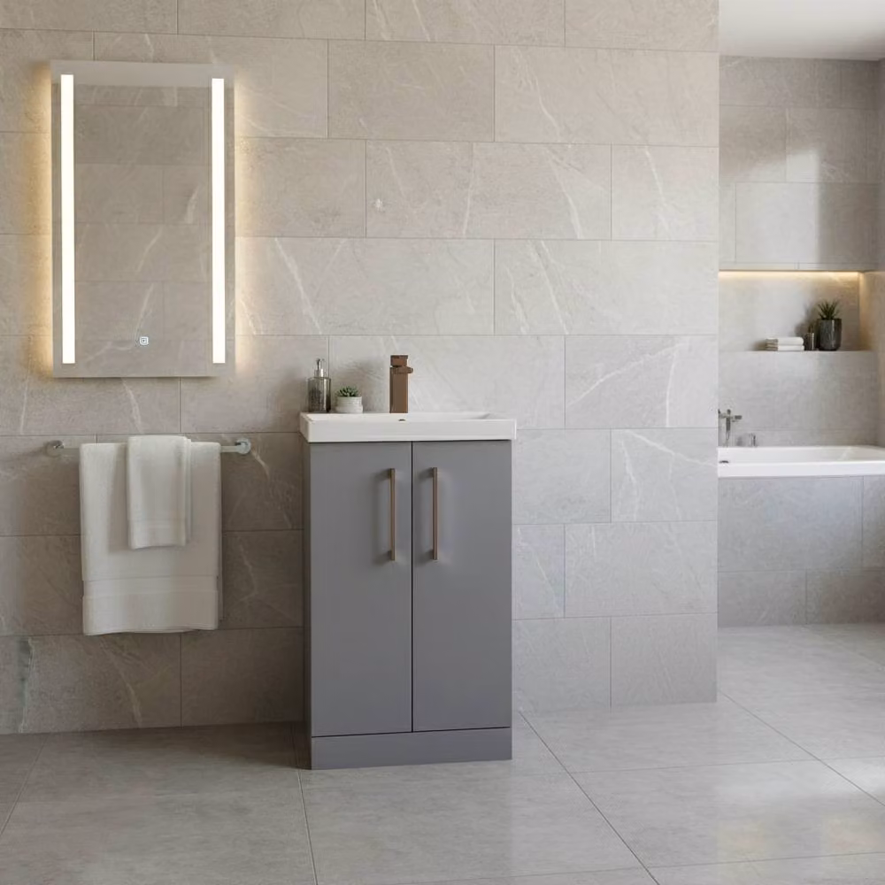 Balterley Modern Bathroom Vanity Unit with Basin and 2 Soft Close Doors, Satin Grey, Width: 50 cm – 2