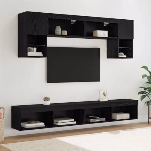 vidaXL Modern 6-Piece Black Oak TV Wall Unit with Integrated LED Lighting and Hinged Doors – 3