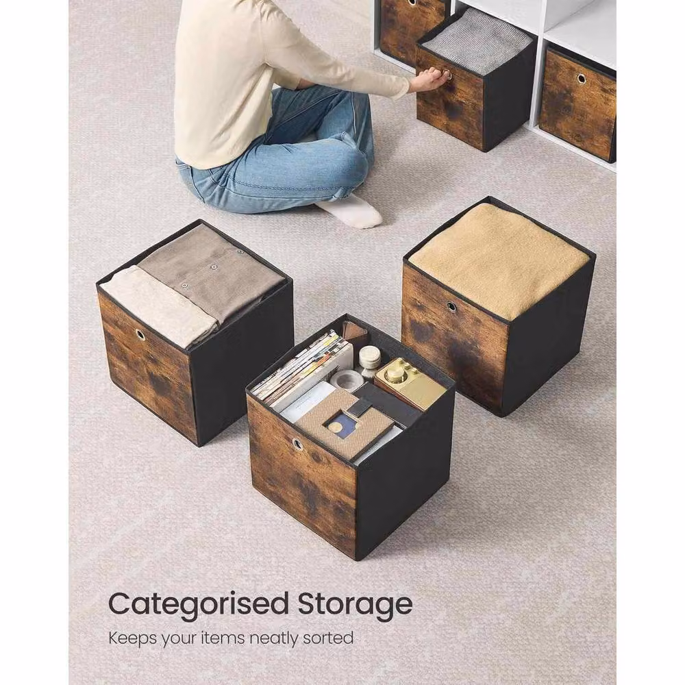 The Bazaarist Set of 8 Foldable Fabric Storage Cube Bins with Handles, Brown and Black – 4