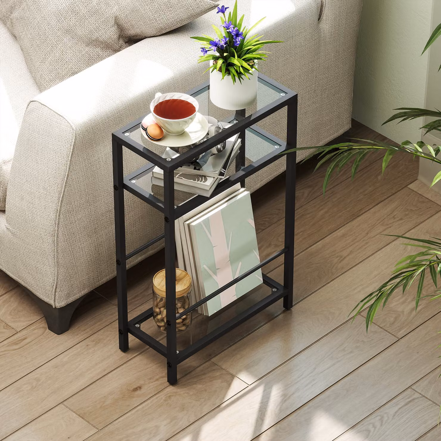 HOMCOM 3-Tier Black Side Table with Tempered Glass Tabletop and Storage Shelf – 6